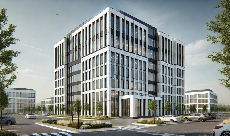 dalle-2025-03-04-18.37.25-a-highly-realistic-modern-office-building-closely-inspired-by-the-provided-reference-image.-the-building-features-a-white-and-dark-glass-facade-with-s